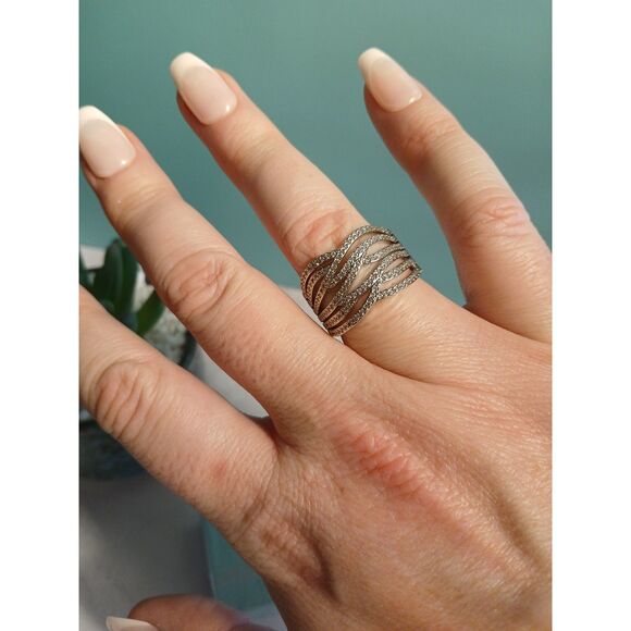 Rhodium-Plated Cubic Zirconia Criss-Cross Wide Band Cocktail Ring - Picture 2 of 11